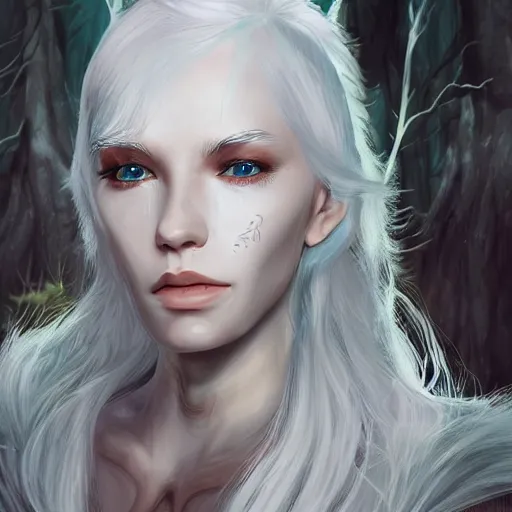 Image similar to a highly detailed portrait of a humanoid fantasy creature with white hair in a fantasy forest concept art