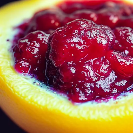 Prompt: close - up shot of a lemon covered in strawberry jam, macro lens, depth of field, edit with photoshop, vibrant colors, magazine advertisement