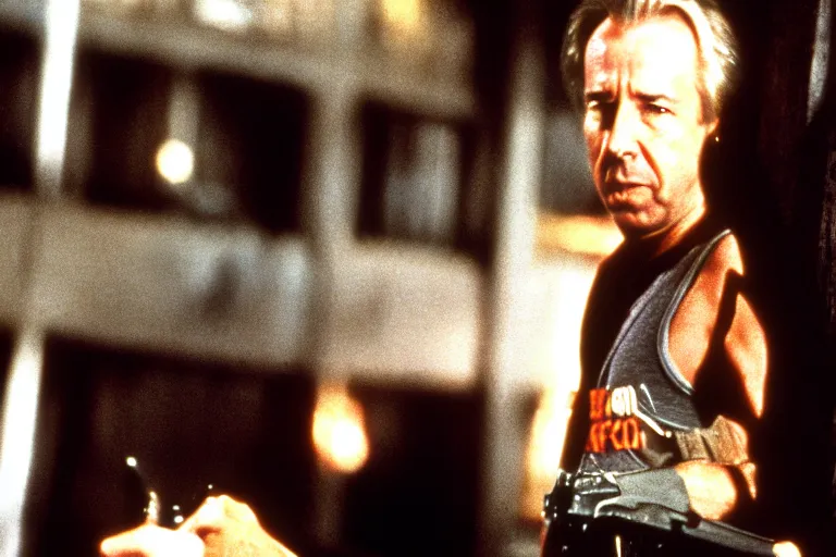 Image similar to film still of Alan Rickman as John McClane in Die Hard 1988