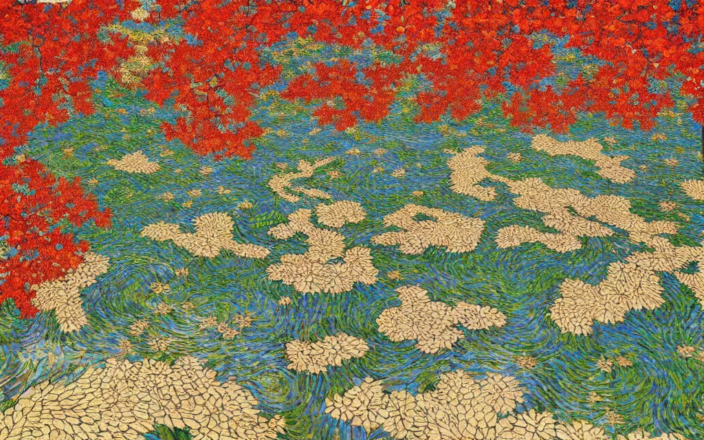 Prompt: a beautiful quiet park in fukuoka, fractal cubes. japanese embroidery. retro minimalist art by jean giraud and van gogh.