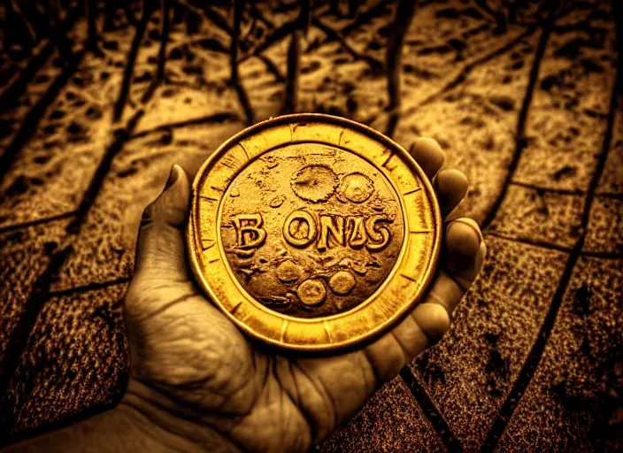 Image similar to old retro burnt out sepia photograph with scratches of an old and wrinkled hand holding a few golden coins with royal engravings. magical forest in the background with bokeh. Antique. High quality 8k. Intricate. Sony a7r iv 35mm. Award winning. Zdzislaw beksinski style