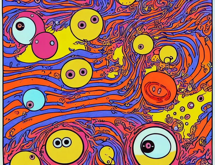 Image similar to a psychedelic 1 9 6 0 s drawing of a lazy red burned tomato with 1 0 googly eyes on a beach, big piles of strawberry icecream surfing, a sunset by james jean in psychedelic poster art style