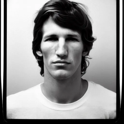 Image similar to Mugshot Portrait of Young Roger Waters, taken in the 1970s, photo taken on a 1970s polaroid camera, grainy, real life, hyperrealistic, ultra realistic, realistic, highly detailed, epic, HD quality, 8k resolution, body and headshot, film still, front facing, front view, headshot and bodyshot, detailed face, very detailed face