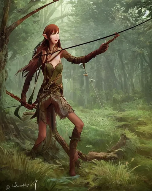 Image similar to an elven hunter standing in the woods holding a bow, wearing a tribe hunting outfit. green, luscious, overgrown forest. By Makoto Shinkai, Stanley Artgerm Lau, WLOP, Rossdraws, James Jean, Andrei Riabovitchev, Marc Simonetti, krenz cushart, Sakimichan, D&D trending on ArtStation, digital art.