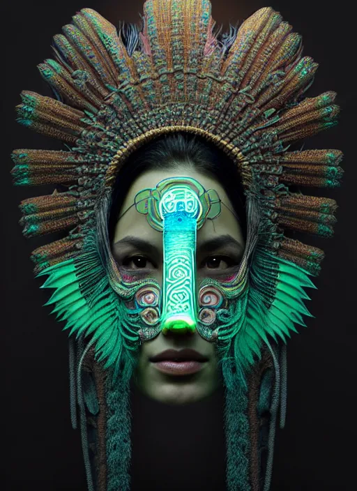 Image similar to 3 d mexican goddess profile portrait. beautiful intricate highly detailed quetzalcoatl mask and feathers. low - key lighting, bioluminescent, plasma, lava, ice, water, wind, creature, artwork by tooth wu and wlop and beeple and lee jeffries, 8 k trending on artstation,