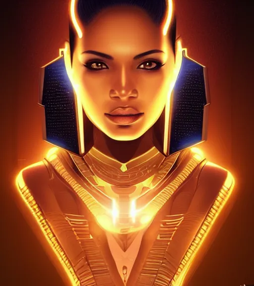 Image similar to symmetry!! egyptian princess of technology, solid cube of light, hard edges, product render retro - futuristic poster scifi, lasers and neon circuits, brown skin woman egyptian princess, intricate, elegant, highly detailed, digital painting, artstation, concept art, smooth, sharp focus, illustration, dreamlike, art by artgerm