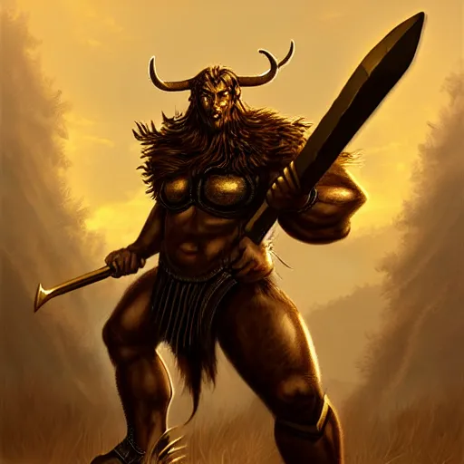 Image similar to epic minotaur beast in heavy golden armor wielding giant axe, artwork, concept art, greek mythology, dark fantasy, digital painting, artstation, d&d