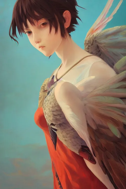 Image similar to a portrait of girl with two wings on her back and feathers. vivid colors, soft lighting, atmospheric, cinematic, moody, in the style of Ilya Kuvshinov and Range Murata, Krenz Cushart, rule of thirds, oil on canvas, 8k