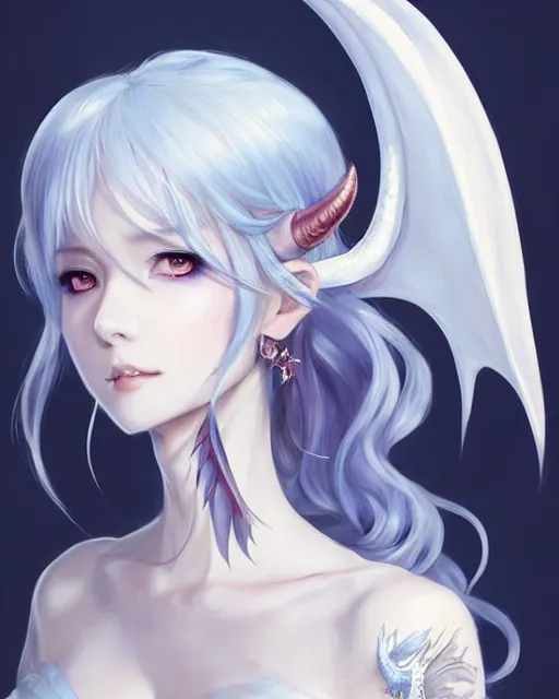 Image similar to character concept art of a woman with ice dragon horns and wings | | very anime, dragon scales, cute - fine - face, pretty face, realistic shaded perfect face, fine details by stanley artgerm lau, wlop, rossdraws, james jean, andrei riabovitchev, marc simonetti, and sakimichan, tranding on artstation