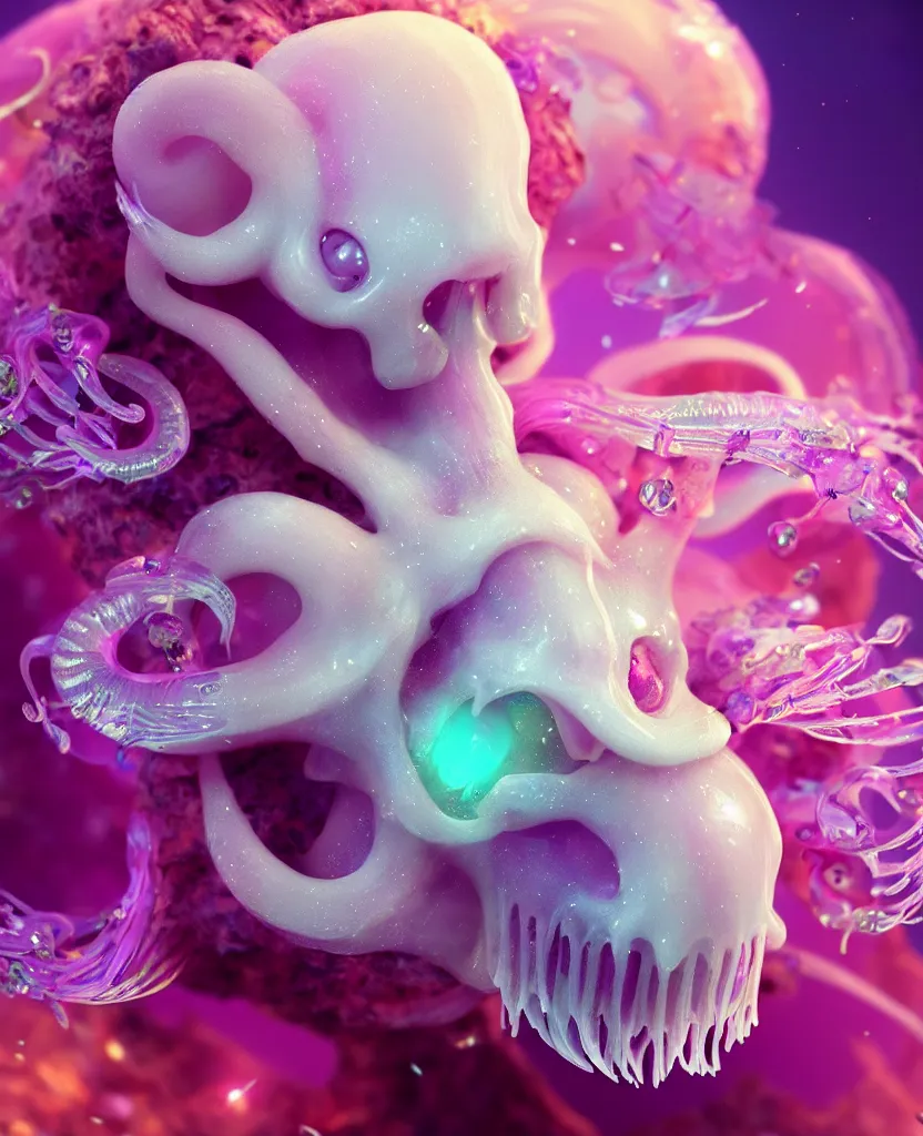 Image similar to goddess princess beautiful face close-up portrait ram skull fluffy toy. jellyfish phoenix head, nautilus, orchid, skull, betta fish, bioluminiscent creatures, intricate artwork by Tooth Wu and wlop and beeple. octane render, trending on artstation, greg rutkowski very coherent symmetrical artwork. cinematic, hyper realism, high detail, octane render, 8k