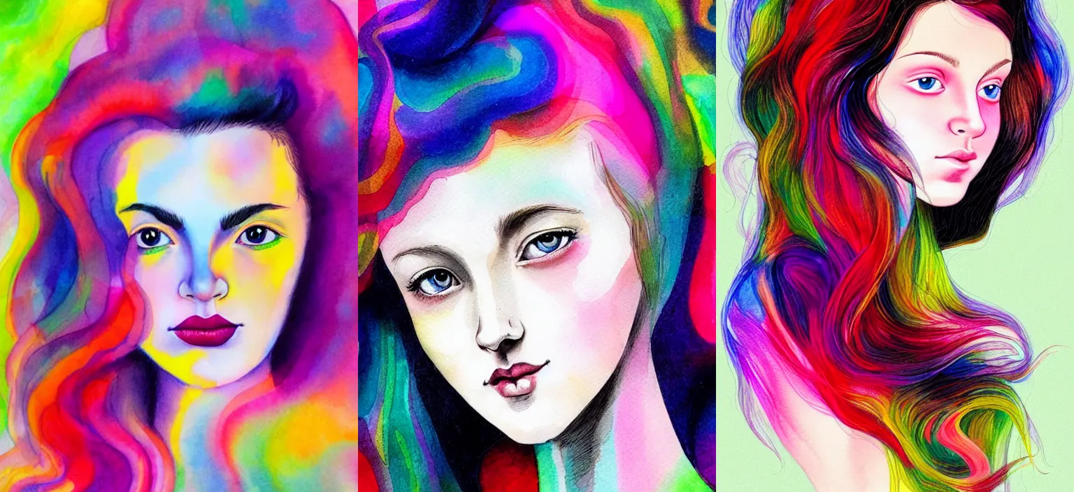 Prompt: pretty young girl is enveloped by lucidity, short wavy hair, pale skin, psychedelic energy infused, beautiful slim nose, colored ink stroke portrait painting by a genius illustrator, head and shoulders in view