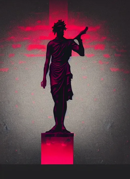 Image similar to black background with subtle red and purple design elements, greco roman statue, grey, nekro, collage art, thin lines, dark, glitch art, neo vaporwave, gritty, layout frame, trending on artstation