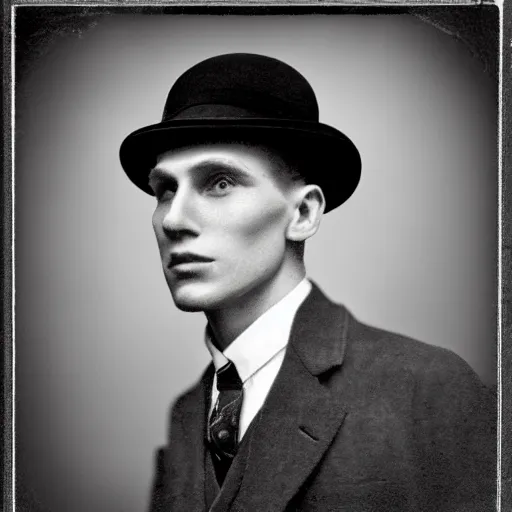 Image similar to A photograph portrait of Jerma985 wearing a pork pie hat in the early 1920s, taken in the early 1920s, grainy, taken on a early 1900s Kodak Camera, realistic, hyperrealistic, very realistic, highly detailed, very detailed, extremely detailed, detailed, digital art, trending on artstation