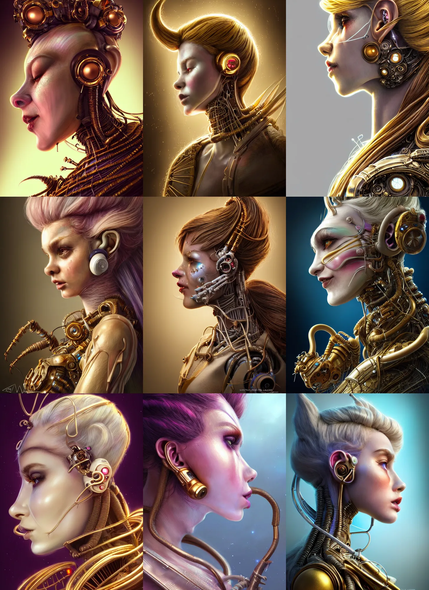 Prompt: disney weta hdr side profile, soft lustrous ivory biotech raver clowncore cyborg, earbuds, golden ratio, details, sci - fi, fantasy, cyberpunk, intricate, decadent, highly detailed, digital painting, ever after high, octane render, artstation, concept art, smooth, sharp focus, illustration, art by artgerm, loish, wlop