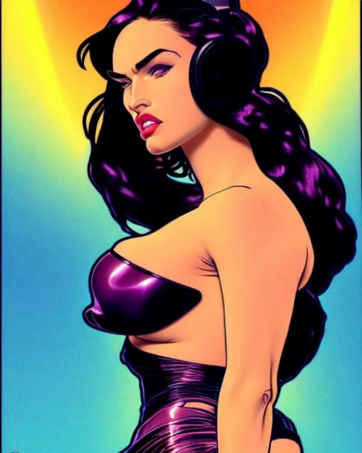 Image similar to low angle closeup very seductive megan fox retro scifi goddess pinup, vr goggles, action glamour pose, windblown dark hair, hyper detailed, digital art, studio lighting, smooth, ambient lighting, sharp focus, frank miller, wlop, fritz willis, anna dittmann, moebius!, alphonse mucha, patrick nagle!!!, rim lighting, synthwave