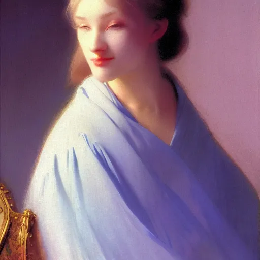 Image similar to a young woman's face, her hair is white and she wears a cobalt blue satin cloak, by ivan aivazovsky and syd mead and moebius and gaston bussiere and roger dean and pieter claesz and paul delaroche and alma tadema and aelbert cuyp and john berkey, hyperrealistic, volumetric light, octane render