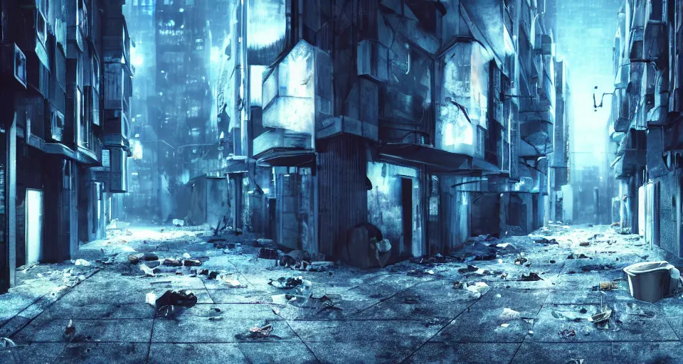 Prompt: a cinematic still frame of a dead end alleyway in a futuristic dystopian city, night time, littered with garbage, cold blue lighting, brutalist architecture, damp, cityscape, vanishing point perspective