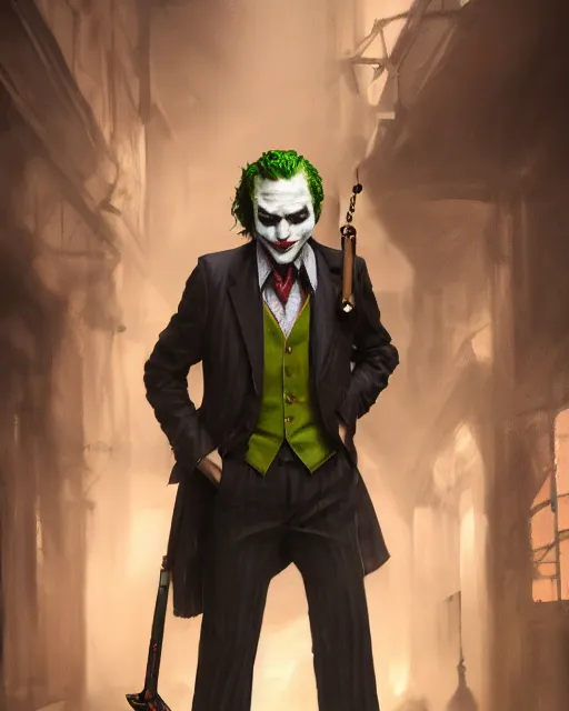 Prompt: oil painting of the joker holding a smoking pipe, detective clothes, close shot, full body, dark london alley background, sharp focus, fantasy style, octane render, volumetric lighting, 8k high definition, by greg rutkowski, highly detailed, trending on art Station, dungeons and dragons artwork, centered