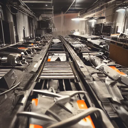 Image similar to rows of toaster oven mecha heads on conveyor belt, dark messy smoke - filled cluttered workshop, dark, dramatic lighting, orange tint, sparks, cinematic, highly detailed, sci - fi, futuristic, movie still