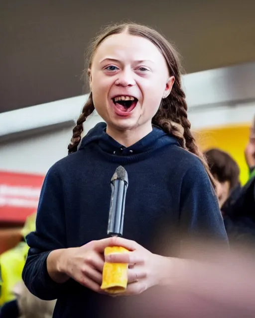 Image similar to film still close - up shot of greta thunberg with face piercings giving a speech in a crowded train station eating pizza, smiling, the sun is shining. photographic, photography