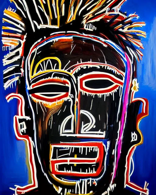 Prompt: A extremely ultra highly detailed majestic hi-res beautiful immaculate head and shoulders award winning painting stunning masterpiece of the face of a ultra highly detailed strong black ultra detailed African mask portrait by Jean-Michel Basquiat, 8k, high textures, ultra hyper sharp, insanely detailed and intricate, super detailed, 8k HDR ultra high quality, high detail, hyperrealistic, photorealistic, octane render, cinematic, high textures, hyper sharp, 4k insanely detailed and intricate, hypermaximalist, 8k, hyper realistic, super detailed, 4k HDR hyper realistic high