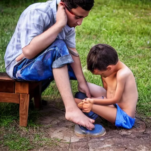 Image similar to a kid healing a mans wound, the man is sitting on a wooden chair