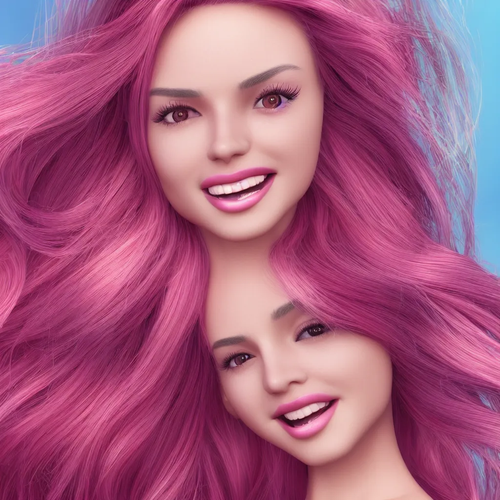 Image similar to ultra realistic portrait of a hot woman, colorful hair, pink lips, gorgeous smile, stunning, hottest, 8K resolution, 3D, Octan render,