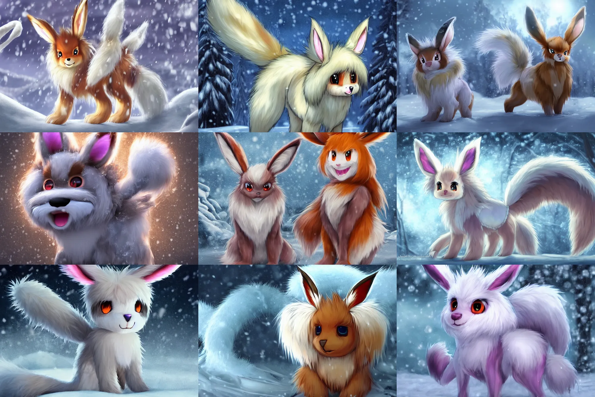 Prompt: fan art rendering of a frosty anthro fuzzy eevee evil comb sitting in snow eevee high resolution anthro eevee humanoid, CGsociety UHD 4K highly detailed, intricate heterochromia sad, watery eyes with clawed finger in nose eevee anthro standing up poofy synthetic fur tail bloody fur wearing bow braided tail looking down bleeding eevee anthro tongue sticking out wearing a sash smiling in winter facing the moon zions national