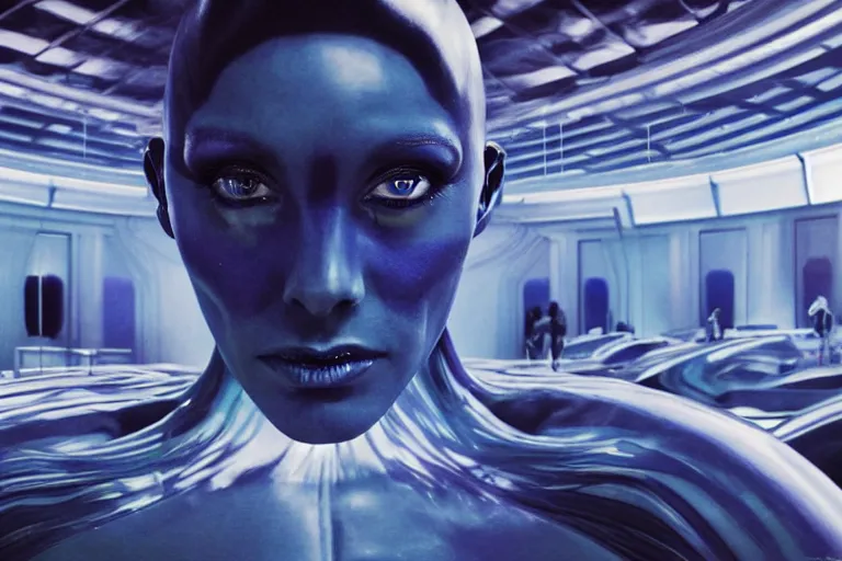 Prompt: vfx movie scene closeup portrait of beautiful blue body paint fit alien gorgeous man dancing in sleek futuristic decadent spaceship pillars, alien antenna, futuristic ballroom. big eyes, soft skin, giant windows view of earth obit. by emmanuel lubezki