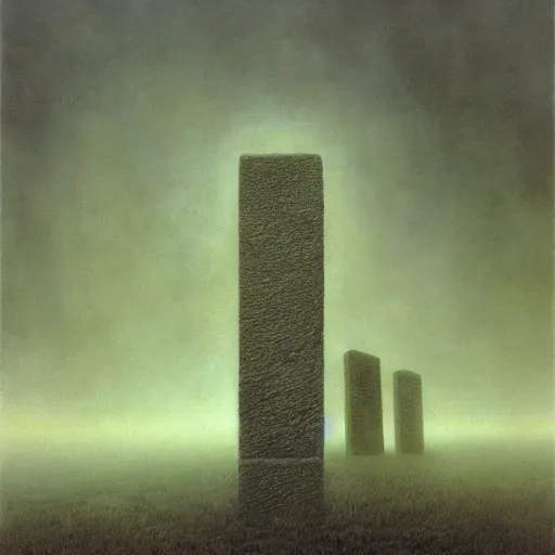 Prompt: arm reaching out of thick fog, 6 stelae pointing down from the sky, zdzislaw beksinski