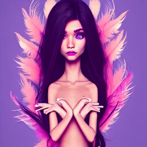 Image similar to skydoll like madison beer by alessandro barbucci, by loish, style by audrey kawasaki, barbbara cannepa global illumination, feathers texture overlays, wood veins on top