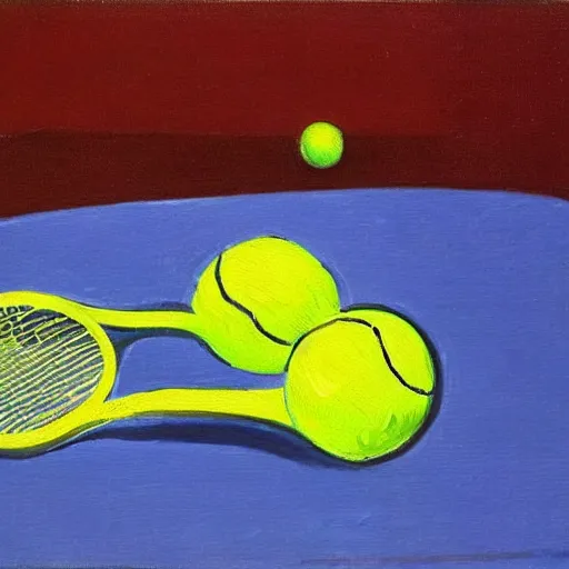 Prompt: a tennis racket and tennis ball sitting in the sun by Matisse, oil painting