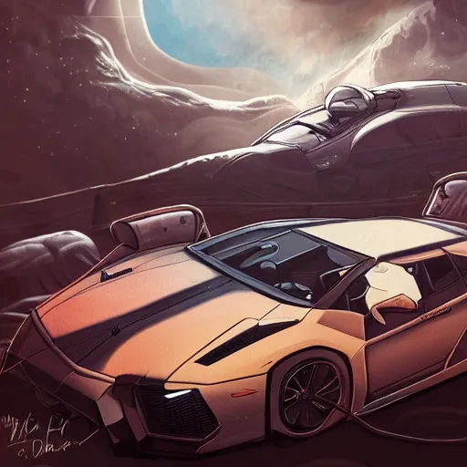 Image similar to harry potter driving a lamborghini in a space station on mars, highly detailed, digital art, trending on artstation