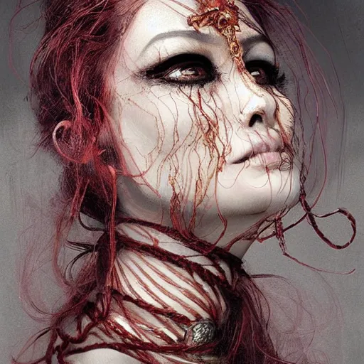 Image similar to portrait of a Shibari rope wrapped face and neck, headshot, insanely nice professional hair style, dramatic hair color, digital painting, of a old 13th century, traveler, amber jewels, baroque, ornate clothing, scifi, realistic, hyperdetailed, chiaroscuro, concept art, art by Franz Hals and Jon Foster and Ayami Kojima and Amano and Karol Bak,