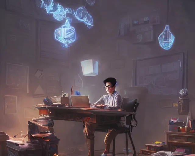 Image similar to an insanely detailed painting of a nerdy asian man wearing a superhero costume, sitting at a desk, staring at the nervously at the computer and typing, in the style of peter mohrbacher, dramatic lighting and composition, surreal background, octane render, pixar, trending on artstation, concept art, comic book, view from behind