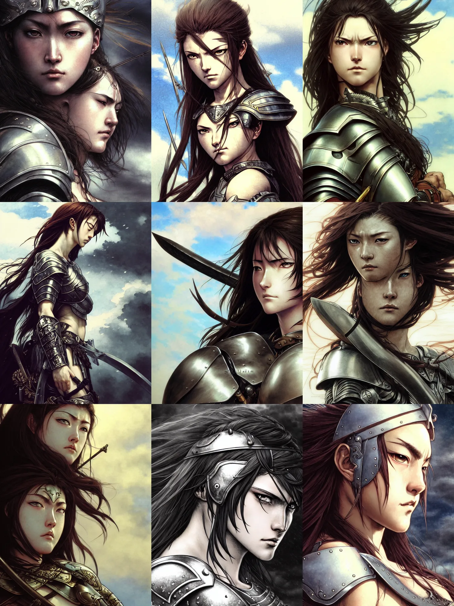 Prompt: close up picture of a female warrior looking at the sky, sorrow, rugged, plate armor, pale skin, long hair, highly detailed, detailed face, smooth, sharp focus, chiaroscuro, manga illustration, takehiko inoue,, kentaro miura, artgerm, greg rutkowski, alphonse mucha, light novel cover art