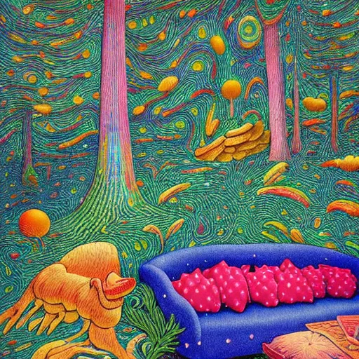 Image similar to psychedelic couch sofa in the pine forest, goose, milky way, designed by moebius, rob gonsalves, gustav dore, giuseppe arcimboldo and carl barks, louis wain, trending on artstation, canada, star, sharp focus, colorful refracted sparkles and lines, soft light, 8 k 4 k