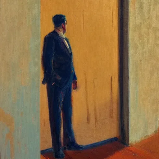 Image similar to impressionist painting of an anonymous man in a suit, standing in a doorway, artstation