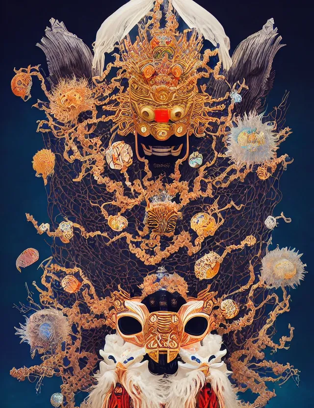 Image similar to the yey of god portrait with mask and crown made of ram skull. beautiful intricately detailed japanese crow kitsune mask and clasical japanese kimono. betta fish, jellyfish phoenix, bioluminescent, plasma, ice, water, wind, creature, super intricate ornaments artwork by tooth wu and wlop and beeple and greg rutkowski