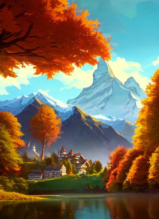 Prompt: a wholesome animation key shot, castle in the middle, swiss alps ( matterhorn ) in the background, autumn foliage in the foreground, studio ghibli, pixar and disney animation, sharp, rendered in unreal engine 5, anime key art by greg rutkowski, bloom, dramatic lighting