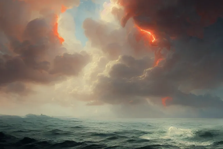 Image similar to turbulent ocean made of dark - red energy emanating mist under a bed of loquaciously indulgent cloudy skies, illustrated by greg rutkowski and gaston bussiere, artstation, cgsociety contest winner, intricately defined, complexly detailed, zbrush, mannerism, 4 k