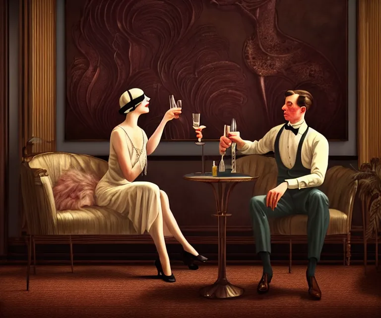 Prompt: a beautiful classy drinking couple, dimly lit upscale 1920s speakeasy, relaxed pose, art deco, detailed painterly digital art style by Alfred Charles Parker, retro vibe, 🍸, 8k octane beautifully detailed render, post-processing, extremely hyperdetailed, intricate, epic composition, grim yet sparkling atmosphere, cinematic lighting + masterpiece, trending on artstation, very detailed, vibrant colors, Art Nouveau, masterpiece