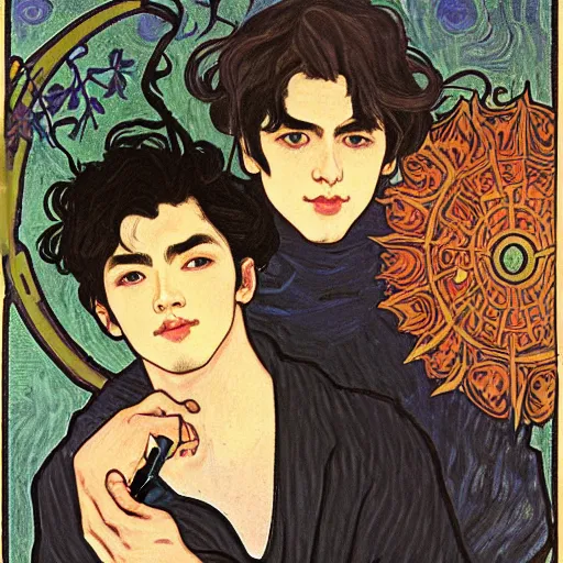 Prompt: painting of young cute handsome beautiful dark medium wavy hair man in his 2 0 s named shadow taehyung and cute handsome beautiful min - jun together at the halloween witchcraft party with bubbling cauldron, melancholy, autumn colors, elegant, ritual, painting, stylized, soft facial features, delicate facial features, art by alphonse mucha, vincent van gogh, egon schiele