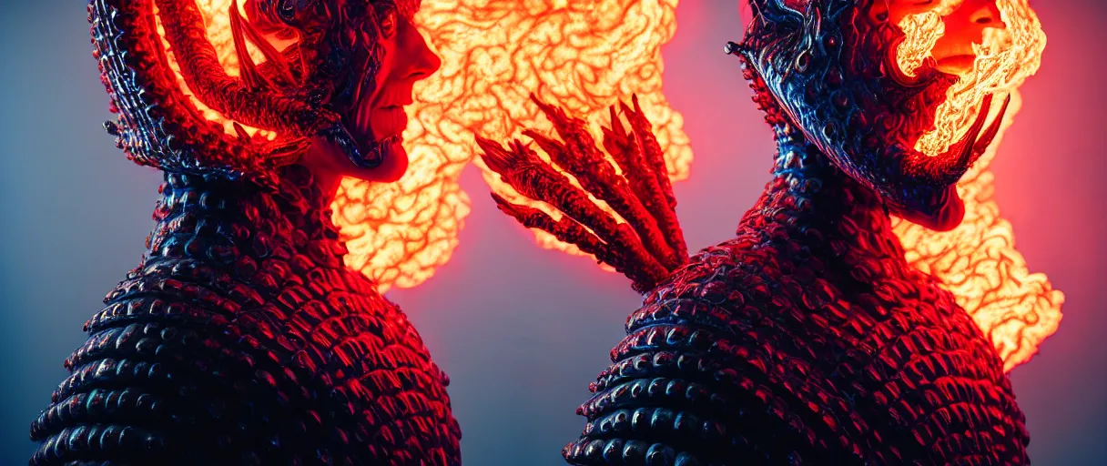 Image similar to hyperrealist highly detailed english medieval portrait of high fashion monster wearing flame fire smoke flame armor, radiating atomic neon corals, veiny network growth with neon magmapattern, concept art pascal blanche dramatic studio lighting 8k wide angle shallow depth of field