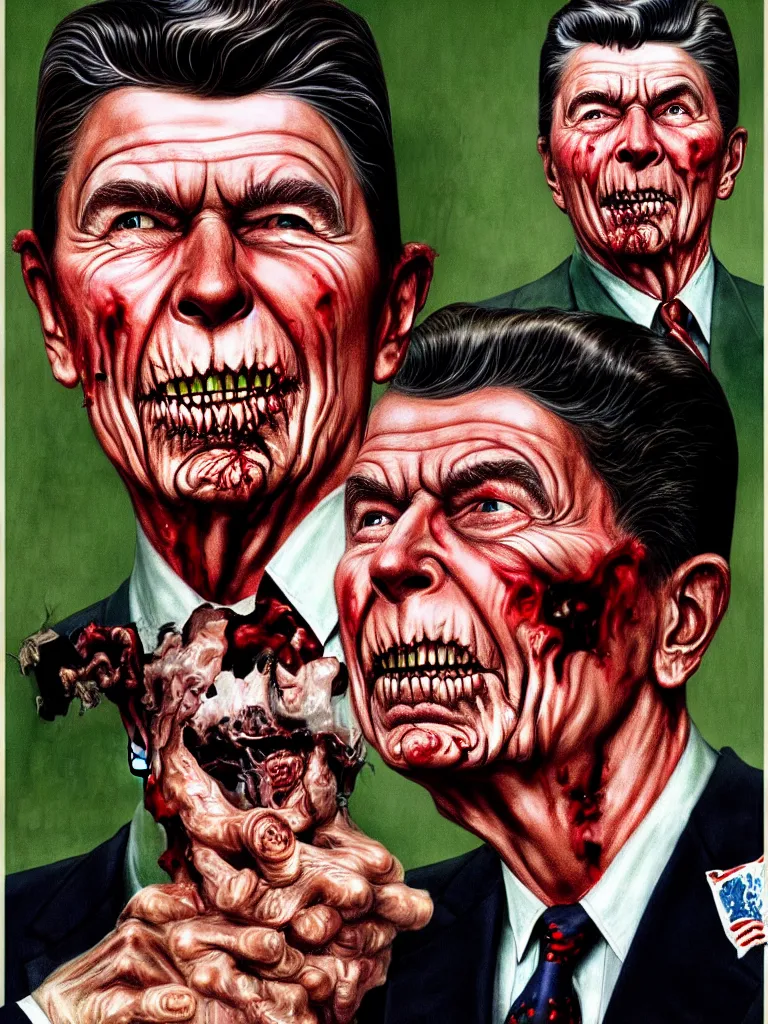 Prompt: zombie president ronald reagan, realistic campaign portrait, hair visible, gritty, in style of norman rockwell