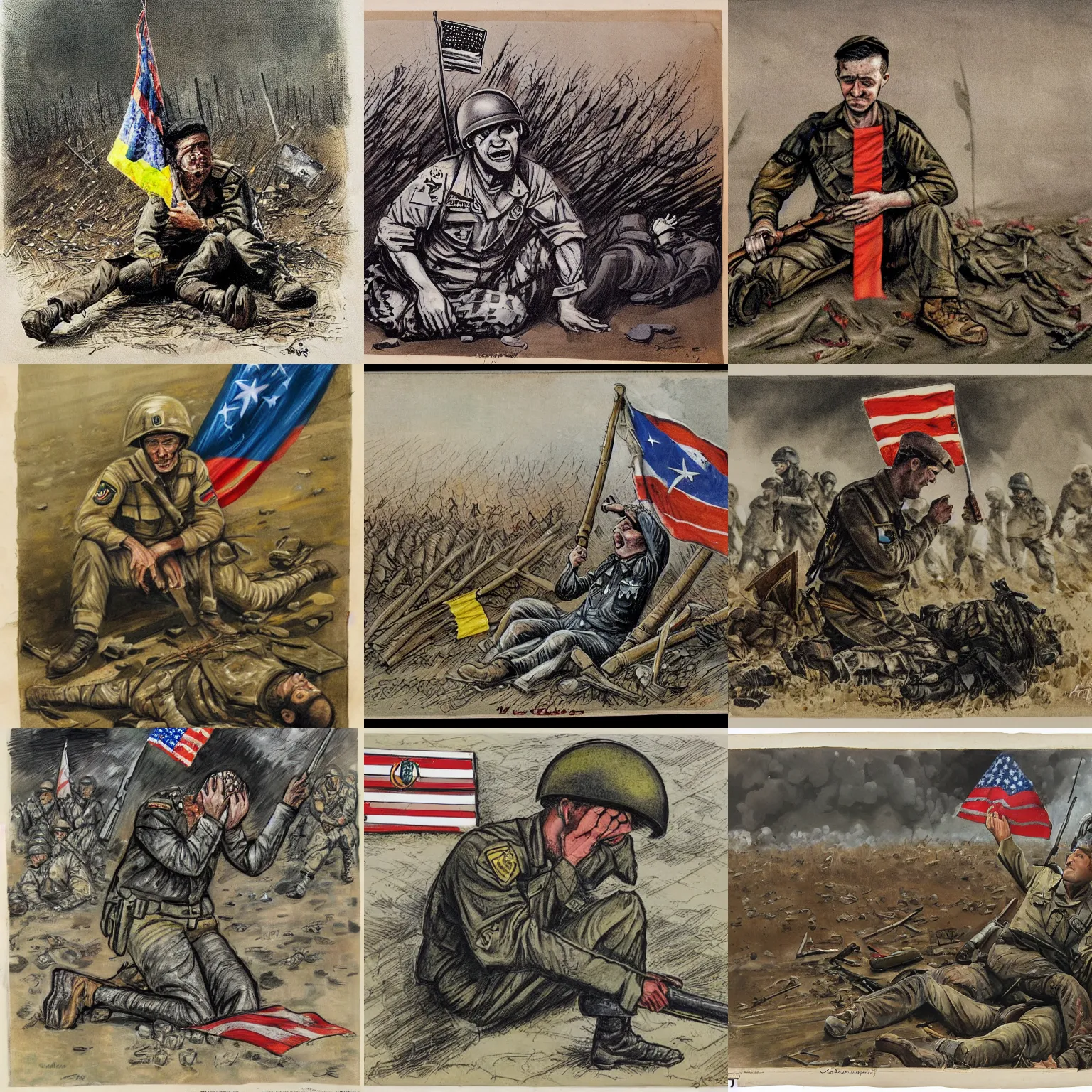 Prompt: a caricature of Volodymyr Zelensky at war, dressed like a Vietnam war American soldier , sitting on the ground between dead corpses , crying and weeping, holding a half burnt flag of Ukraine, by Achille Superbi