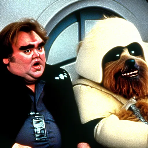 Image similar to John Candy in a dog suit dressed as Barf from Spaceballs sits next to Han Solo in the Millenium Falcon, movie still ftom Star Wars (1977)