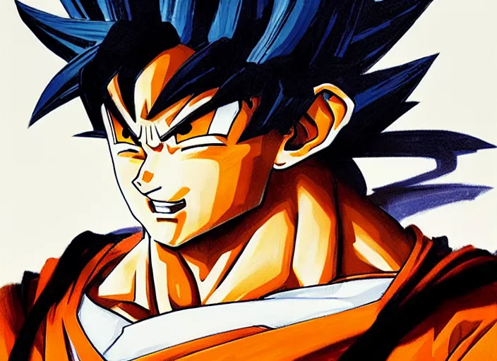 Image similar to a highly detailed beautiful portrait of goku, by gregory manchess, james gurney, james jean