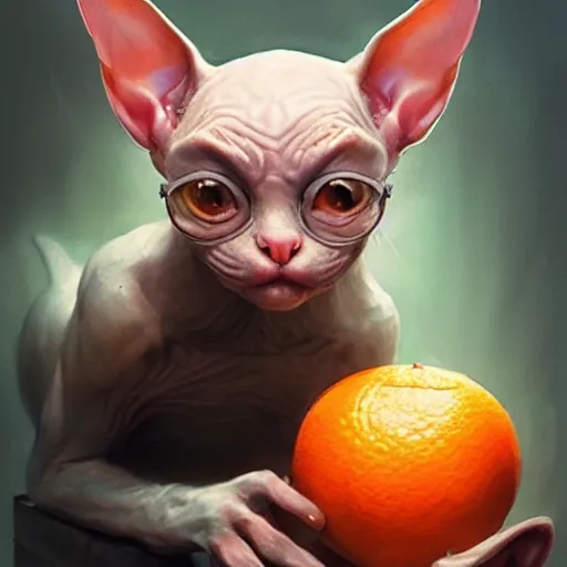 Image similar to An adorable hairless goblin cat stealing an orange, by Stanley Artgerm Lau, WLOP, Rossdraws, James Jean, Andrei Riabovitchev, Marc Simonetti, and Greg Rutkowski, trending on artstation