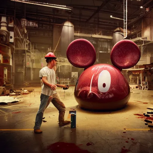 Prompt: a giant mickey mouse head, factory floor, surrounded by factory workers, octane render, cgstation, 3 d render, very detailed, mindblowing, blood and guts, gritty, cyberpunk, cinematic, hyper realism